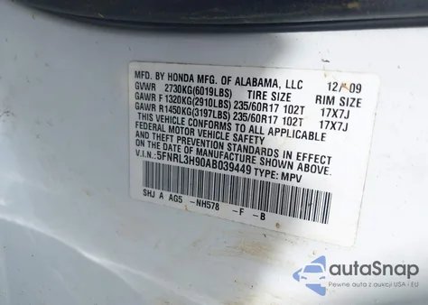 2010 Honda Odyssey Touring z USA, uszkodzony, nr VIN 5FNRL3H90AB039449
